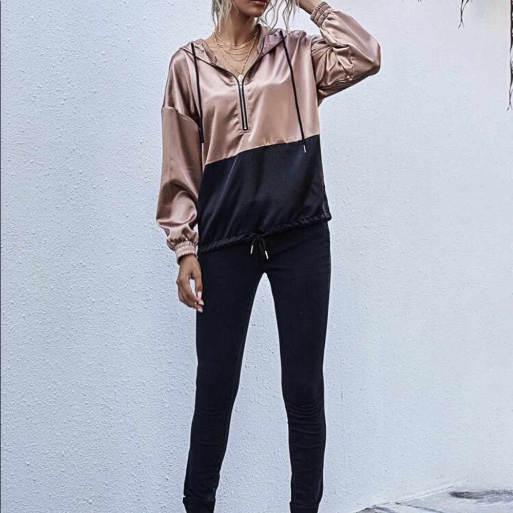 NWT Zara Hoodie Satin Rose Gold & Black Size XS